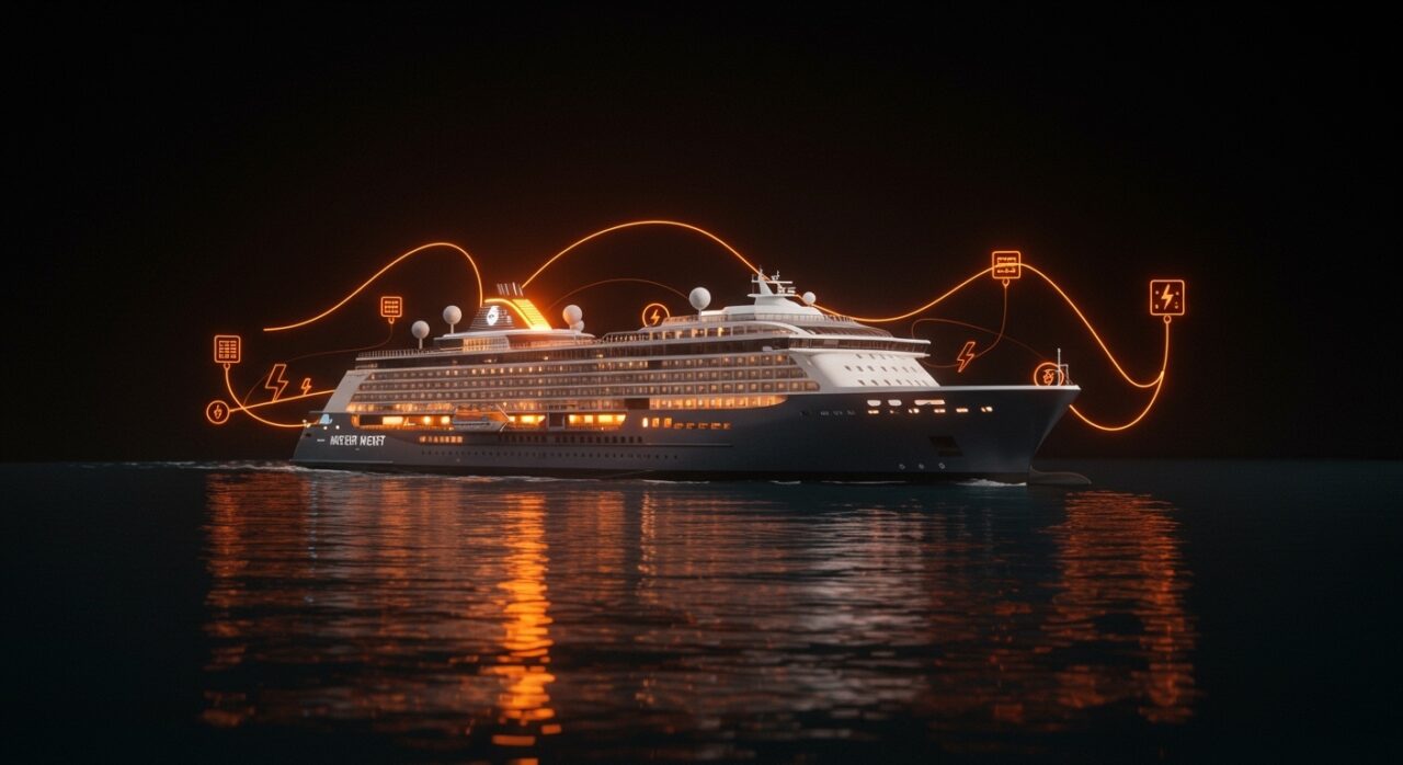 Crucero eléctrico Meyer Werft Project Vision navegando, representando innovación en transporte marítimo sostenible y cero emisiones.