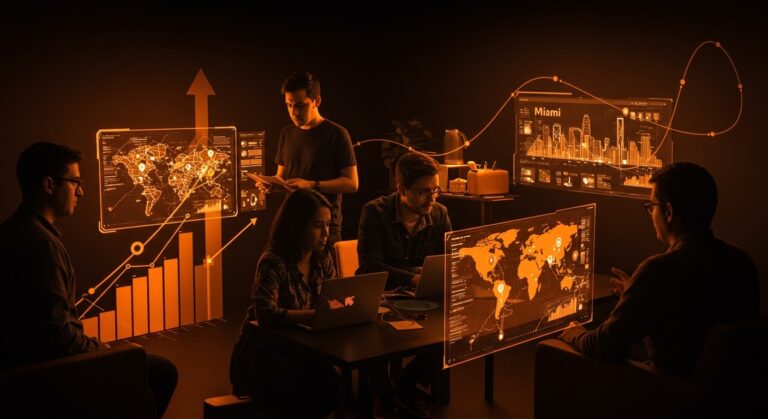 Startups chilenas colaborando con hologramas de Miami, representando la expansión y el ecosistema tecnológico de Miami como hub ideal.