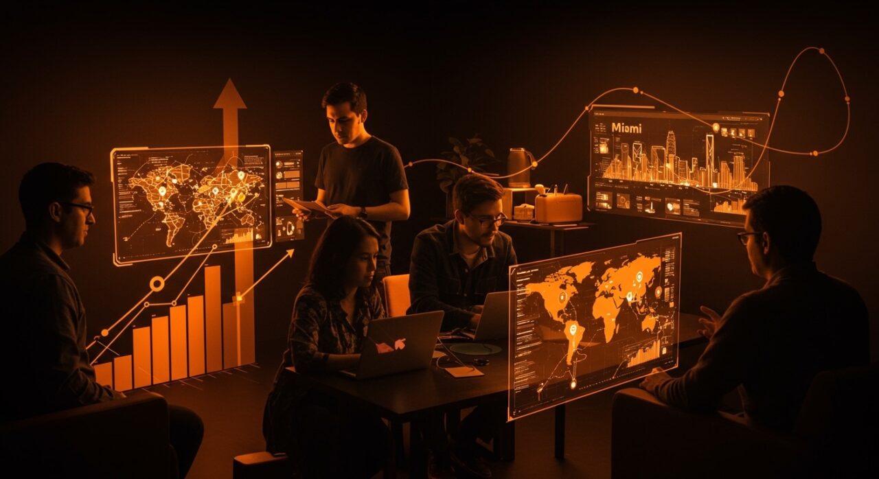 Startups chilenas colaborando con hologramas de Miami, representando la expansión y el ecosistema tecnológico de Miami como hub ideal.