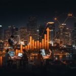 Vista aérea del skyline de Miami con emprendedores y gráficos digitales representando venture capital e inteligencia artificial en el ecosistema startup de Florida.