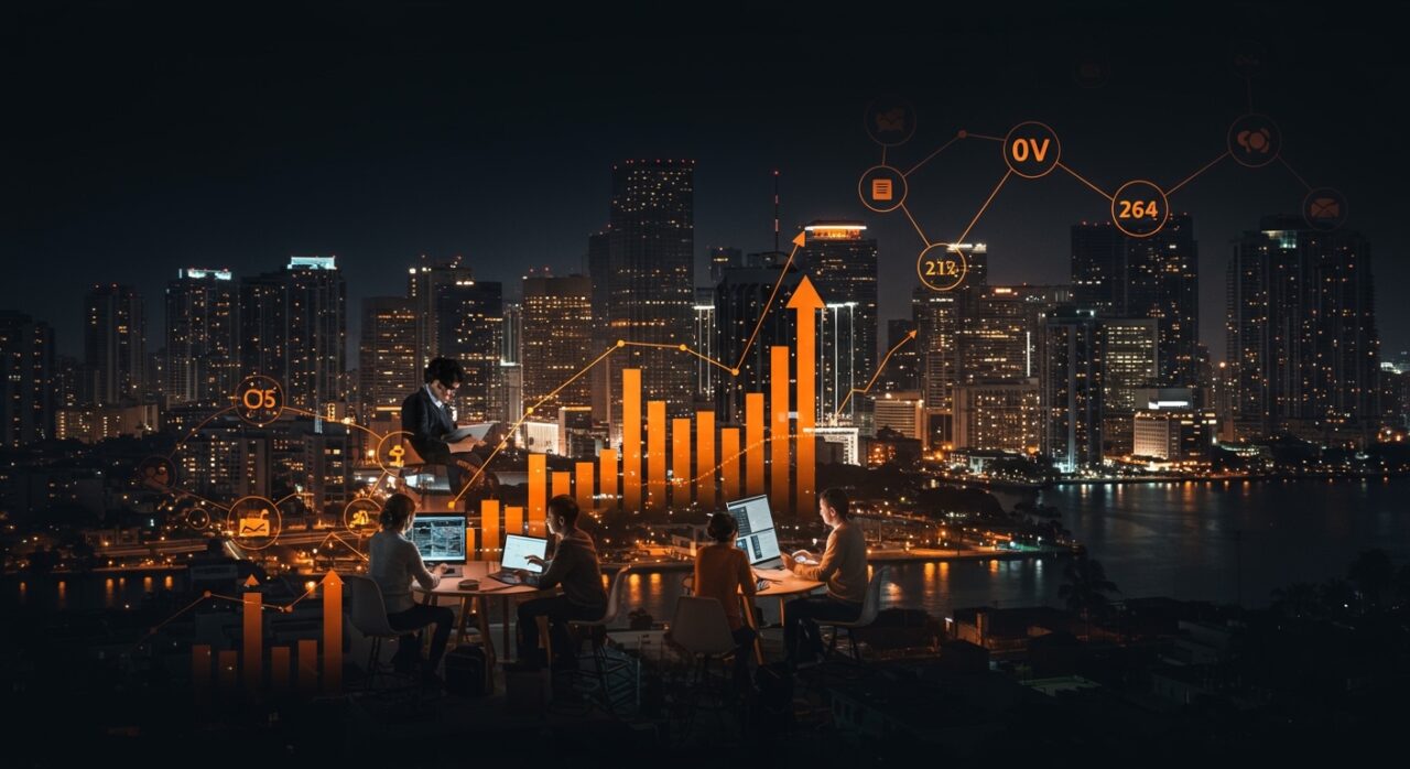 Vista aérea del skyline de Miami con emprendedores y gráficos digitales representando venture capital e inteligencia artificial en el ecosistema startup de Florida.