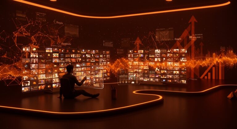 Escena futurista mostrando producción masiva de microdramas con IA en China, enfatizando plataformas Kuaishou y Douyin y oportunidades para startups en LATAM.