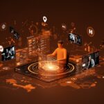 Microdramas con inteligencia artificial en China representados con un fundador interactuando con videos digitales y símbolos de monetización audiovisual e IA.