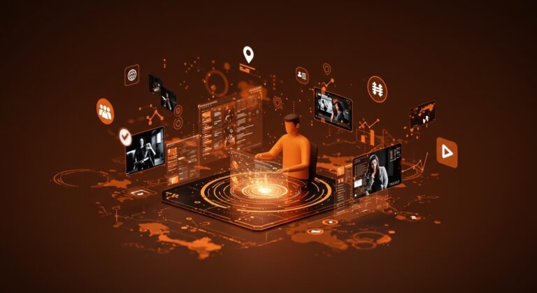 Microdramas con inteligencia artificial en China representados con un fundador interactuando con videos digitales y símbolos de monetización audiovisual e IA.