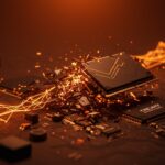 Chip de memoria GDDR7 fragmentado simbolizando la escasez de RAM gaming por Micron y la priorización de inteligencia artificial.
