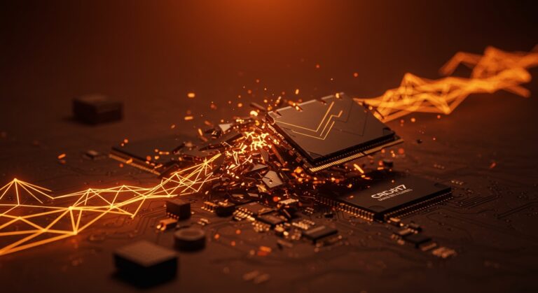 Chip de memoria GDDR7 fragmentado simbolizando la escasez de RAM gaming por Micron y la priorización de inteligencia artificial.