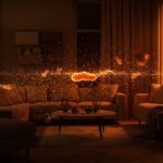 Microplásticos en el hogar visible en el aire interior alrededor de textiles sintéticos, ilustrando la contaminación por microplásticos y su impacto en la calidad del aire y salud.