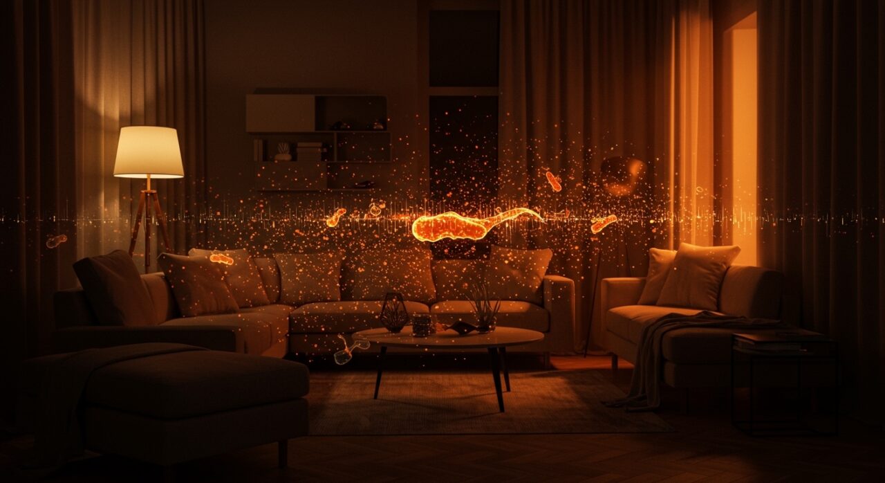 Microplásticos en el hogar visible en el aire interior alrededor de textiles sintéticos, ilustrando la contaminación por microplásticos y su impacto en la calidad del aire y salud.