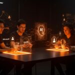 Startup LATAM colaborando con modelos de inteligencia artificial de Microsoft AI en un entorno tecnológico innovador y humanista.