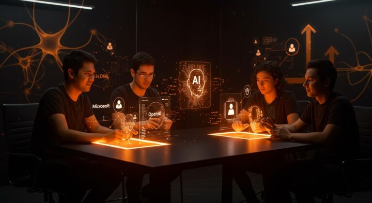 Startup LATAM colaborando con modelos de inteligencia artificial de Microsoft AI en un entorno tecnológico innovador y humanista.