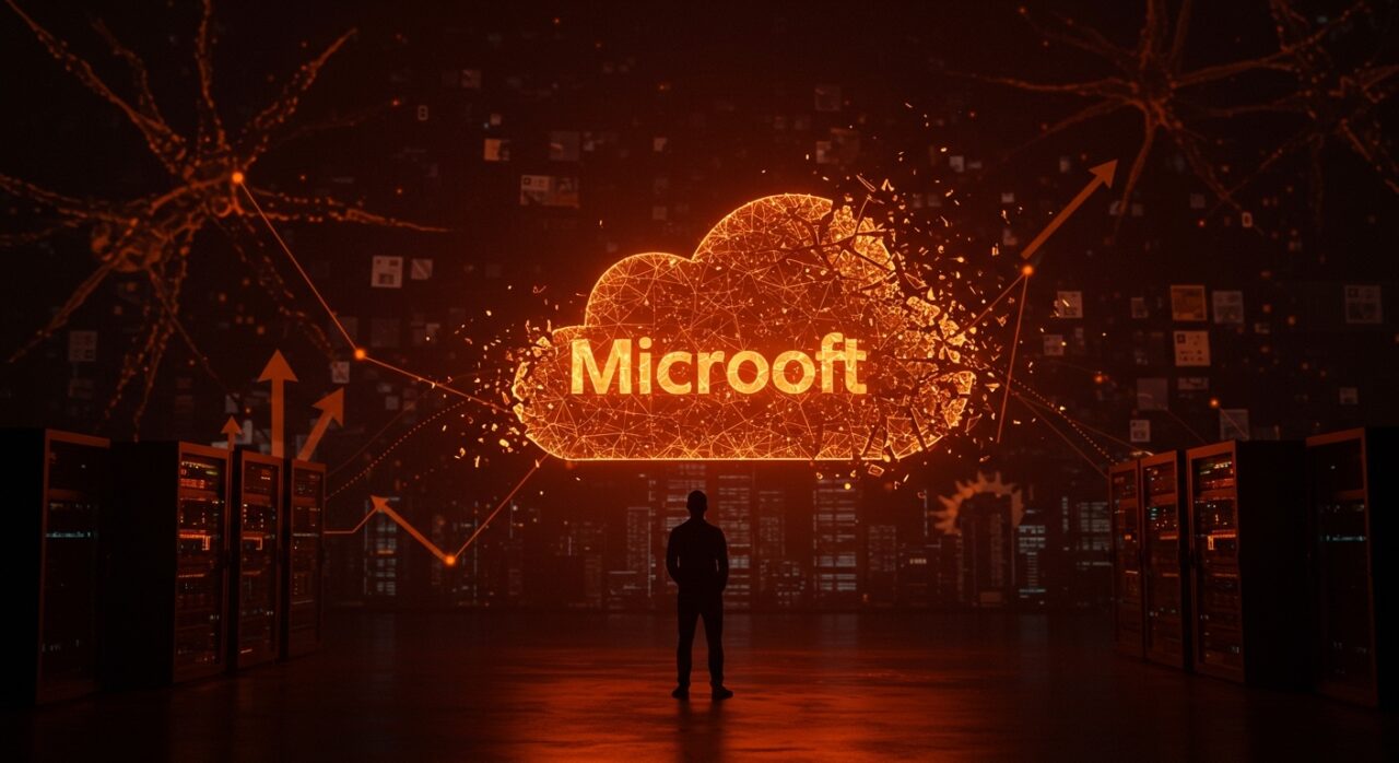 Caída del valor de Microsoft con fundador tech contemplando estrategias tecnológicas e inteligencia artificial en contexto de startups.