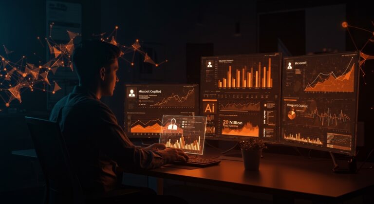 Análisis visual de Microsoft Copilot con 20 millones de usuarios pagados y métricas reales de uso activo en herramientas de IA para startups.