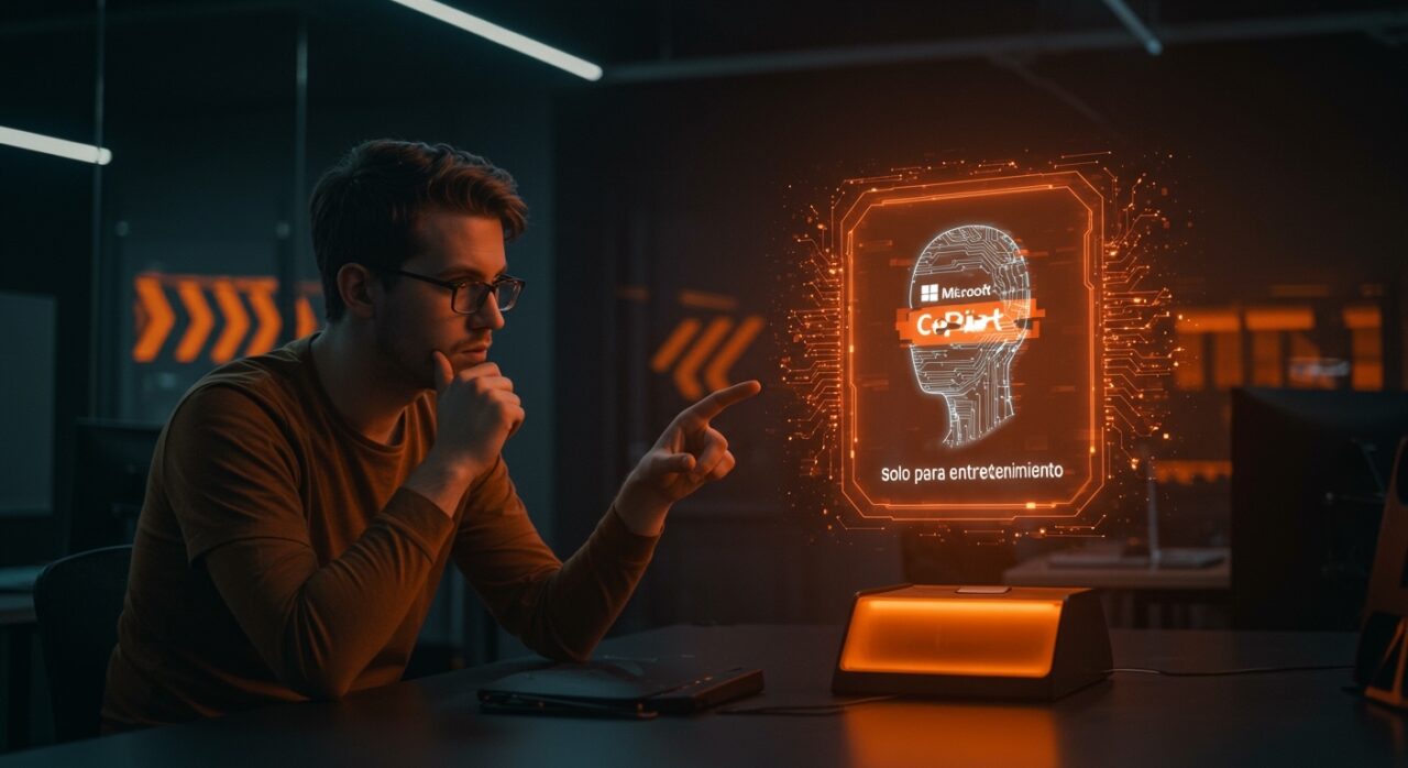Fundador tech observando una interfaz holográfica con advertencia sobre Microsoft Copilot en contexto de startups e inteligencia artificial.