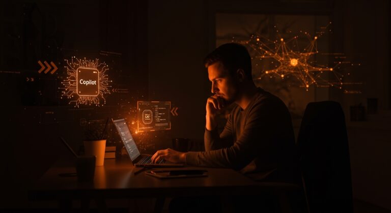 Fundador de startup tecnológico utilizando Microsoft Copilot con enfoque en uso responsable de inteligencia artificial para entretenimiento.