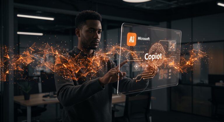 Fundador de startup usando Microsoft Copilot con interfaz digital y metáforas visuales de inteligencia artificial y automatización.