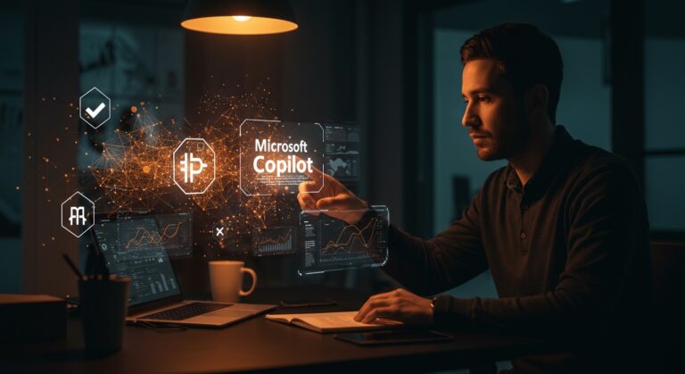 Fundador de startup usando Microsoft Copilot con visualización de redes neuronales y protocolos de validación para un uso responsable de IA.