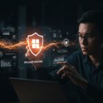 Representación visual de Microsoft Defender en Windows 11 protegiendo la ciberseguridad de startups en 2026 con un fondo tecnológico naranja y negro.