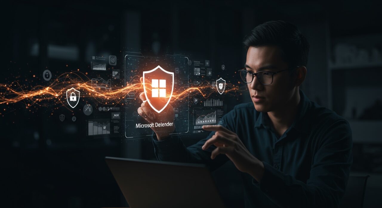 Representación visual de Microsoft Defender en Windows 11 protegiendo la ciberseguridad de startups en 2026 con un fondo tecnológico naranja y negro.