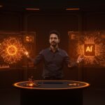 Lanzamiento de modelos de IA propios por Microsoft representado con hologramas de redes neuronales en tonos naranja y negro, destacando innovación y competencia frente a OpenAI.