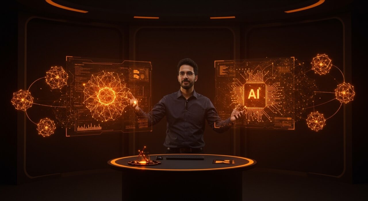 Lanzamiento de modelos de IA propios por Microsoft representado con hologramas de redes neuronales en tonos naranja y negro, destacando innovación y competencia frente a OpenAI.