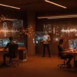 Modelos fundacionales de IA de Microsoft para voz, texto e imágenes en un entorno futurista con redes neuronales y colaboración tecnológica.