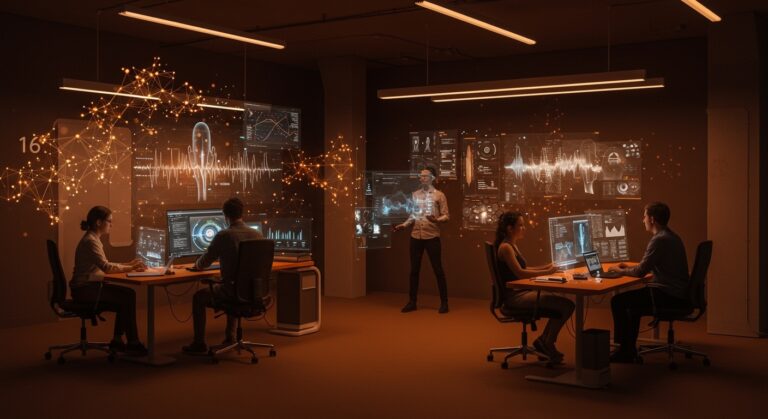 Modelos fundacionales de IA de Microsoft para voz, texto e imágenes en un entorno futurista con redes neuronales y colaboración tecnológica.