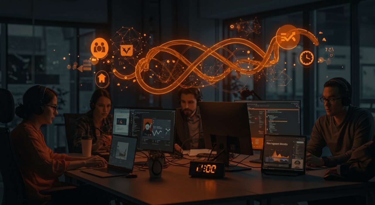 Microsoft Modo Agente en Office ilustrado en un equipo de startup trabajando con IA autónoma que ahorra tiempo y aumenta productividad.