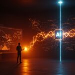 Colaboración Microsoft-OpenAI representada con fundador de startup frente a datos digitales y redes neuronales en colores naranja y negro del ecosistema startup.