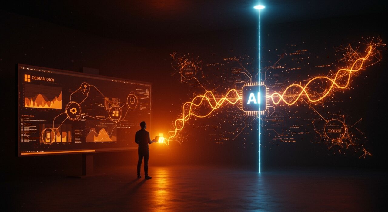 Colaboración Microsoft-OpenAI representada con fundador de startup frente a datos digitales y redes neuronales en colores naranja y negro del ecosistema startup.