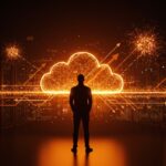 Fundador de startup frente a visualización futurista de redes neuronales y servidores en la nube, representando el fin de exclusividad en el acuerdo Microsoft-OpenAI y oportunidades para IA aplicada en negocios.