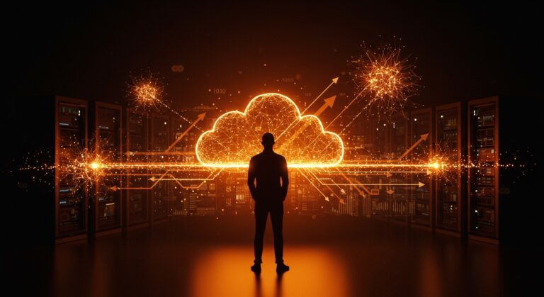 Fundador de startup frente a visualización futurista de redes neuronales y servidores en la nube, representando el fin de exclusividad en el acuerdo Microsoft-OpenAI y oportunidades para IA aplicada en negocios.