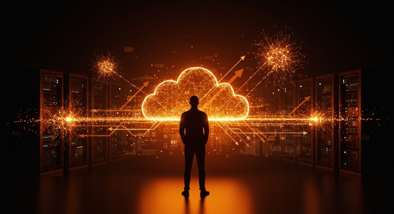 Fundador de startup frente a visualización futurista de redes neuronales y servidores en la nube, representando el fin de exclusividad en el acuerdo Microsoft-OpenAI y oportunidades para IA aplicada en negocios.
