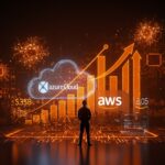 Founder de startup de inteligencia artificial frente a paisaje digital multi-nube representando el acuerdo Microsoft-OpenAI y la inversión de 135 mil millones de dólares.