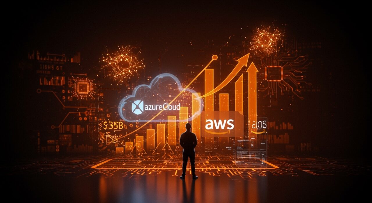 Founder de startup de inteligencia artificial frente a paisaje digital multi-nube representando el acuerdo Microsoft-OpenAI y la inversión de 135 mil millones de dólares.