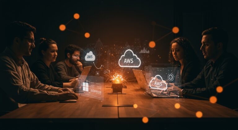 Colaboración de founders de startups IA en un entorno futurista que muestra la transición del acuerdo Microsoft-OpenAI 2026 y la integración en múltiples nubes cloud.