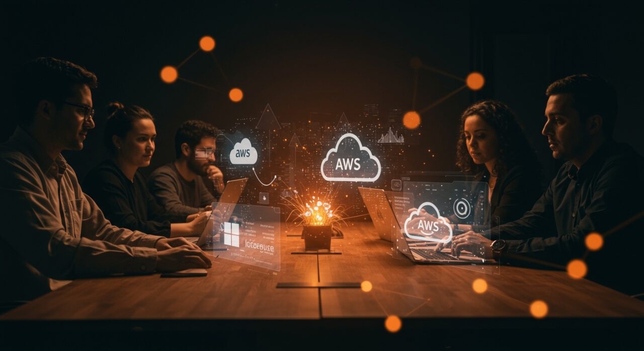 Colaboración de founders de startups IA en un entorno futurista que muestra la transición del acuerdo Microsoft-OpenAI 2026 y la integración en múltiples nubes cloud.