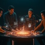 Fundadores hispanos de startups colaborando con hologramas de IA y estrategias multi-nube tras el fin de exclusividad Microsoft-OpenAI.