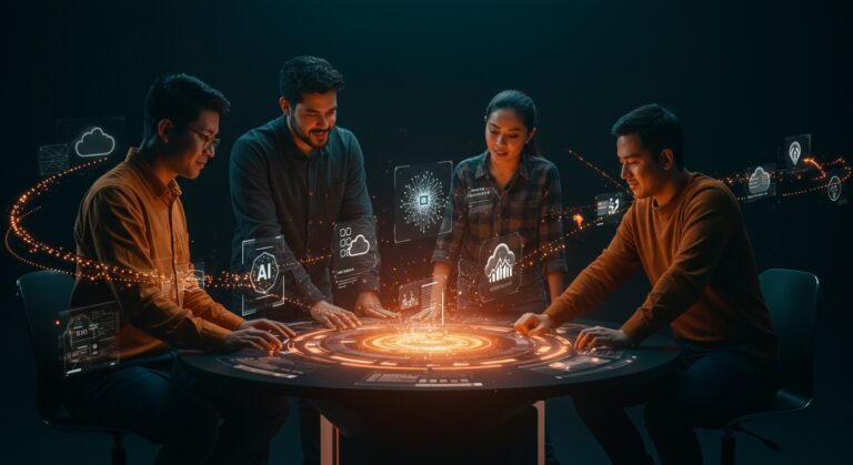 Fundadores hispanos de startups colaborando con hologramas de IA y estrategias multi-nube tras el fin de exclusividad Microsoft-OpenAI.