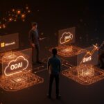 Startup hispanohablantes colaborando en plataformas multi-nube de IA tras fin de exclusividad entre Microsoft y OpenAI, simbolizando innovación y mercado tecnológico 2026.