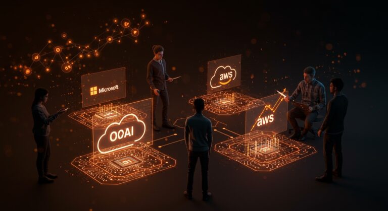 Startup hispanohablantes colaborando en plataformas multi-nube de IA tras fin de exclusividad entre Microsoft y OpenAI, simbolizando innovación y mercado tecnológico 2026.