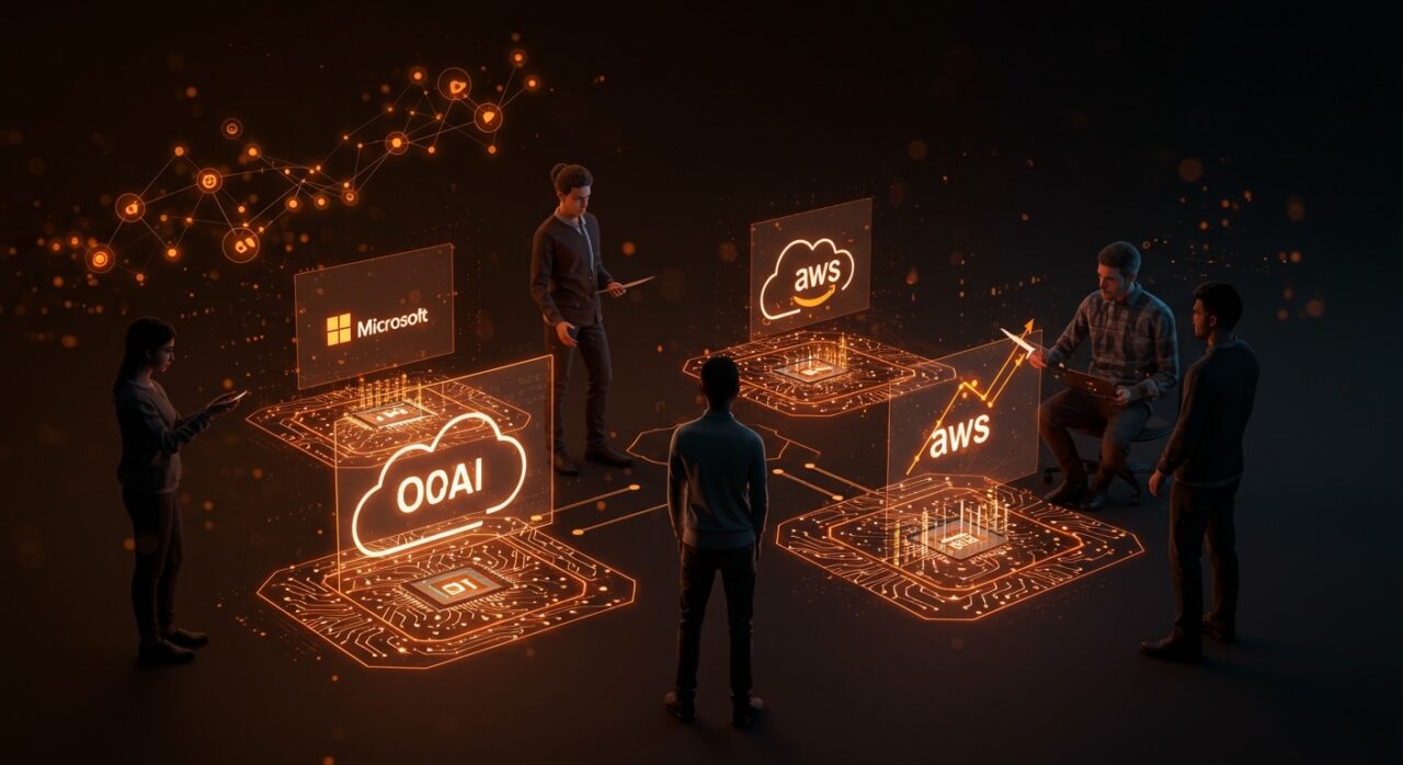 Startup hispanohablantes colaborando en plataformas multi-nube de IA tras fin de exclusividad entre Microsoft y OpenAI, simbolizando innovación y mercado tecnológico 2026.