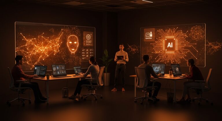 Agentes IA de Microsoft 365 Copilot y OpenClaw automatizando procesos empresariales en una startup moderna para 2026.