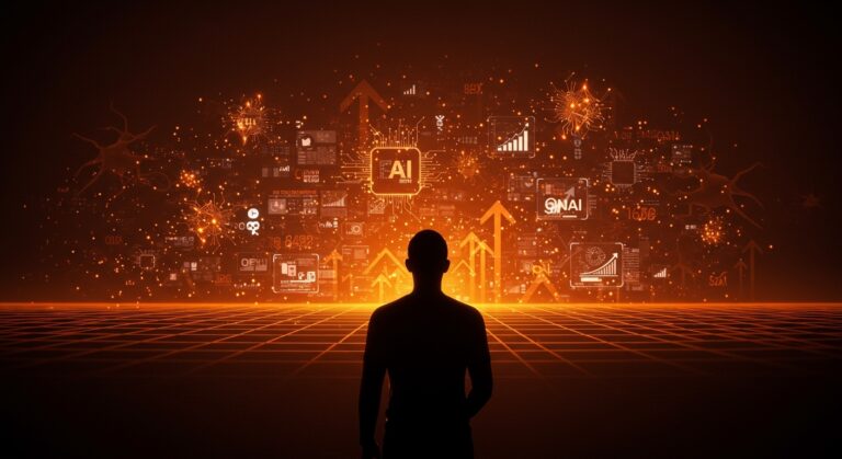 Visualización de superinteligencia e inteligencia artificial aplicada en negocios tecnológicos impulsados por Microsoft y OpenAI.