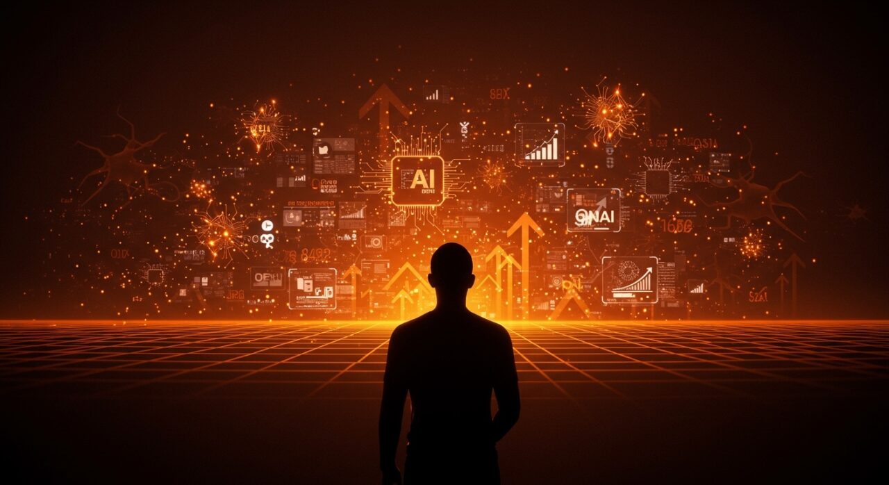 Visualización de superinteligencia e inteligencia artificial aplicada en negocios tecnológicos impulsados por Microsoft y OpenAI.