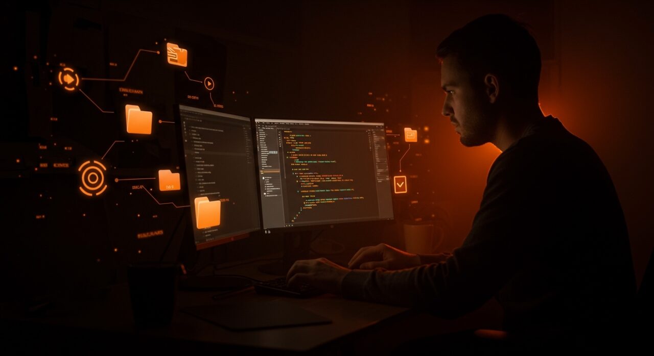 Gestor de archivos terminal Midnight Captain mostrando doble panel y atajos Vim en ambiente tech moderno, destacando productividad y automatización open source.