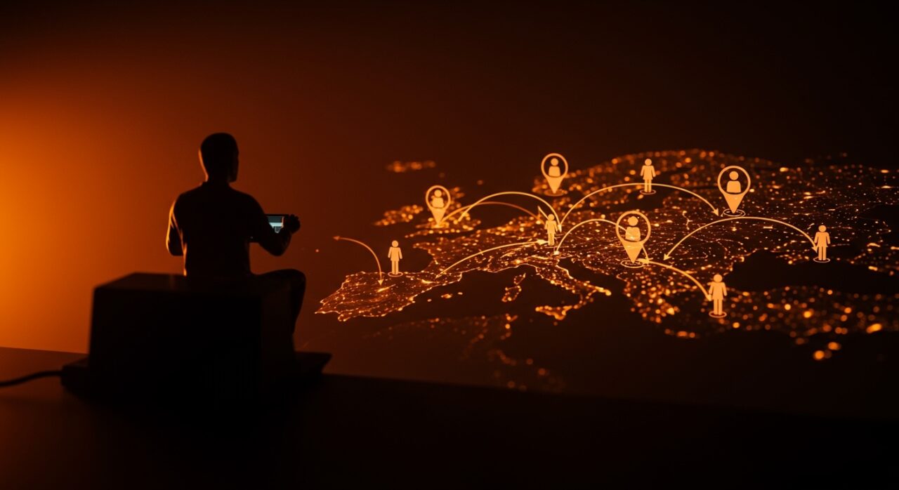 Análisis visual de migración UE-Reino Unido post-Brexit con flujo de datos y sistema de inmigración por puntos enfocado en talento tech.