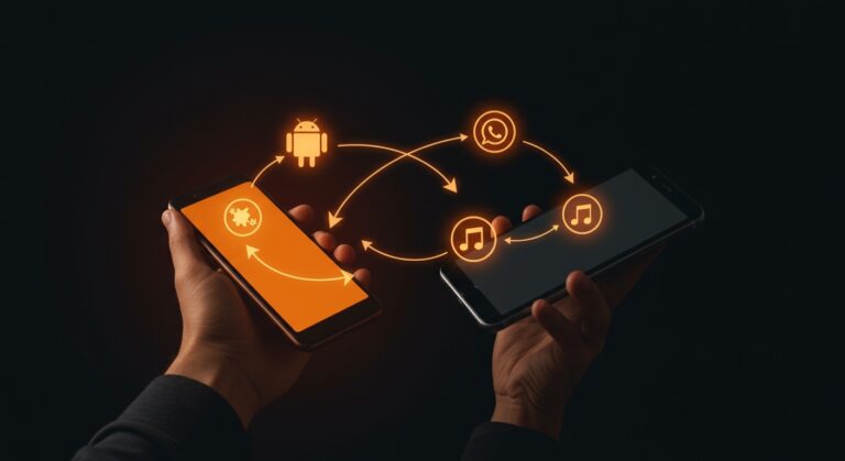 Migración de datos de Android a iPhone representada con dispositivos conectados y flujos digitales en colores naranja y negro para guía completa 2026.