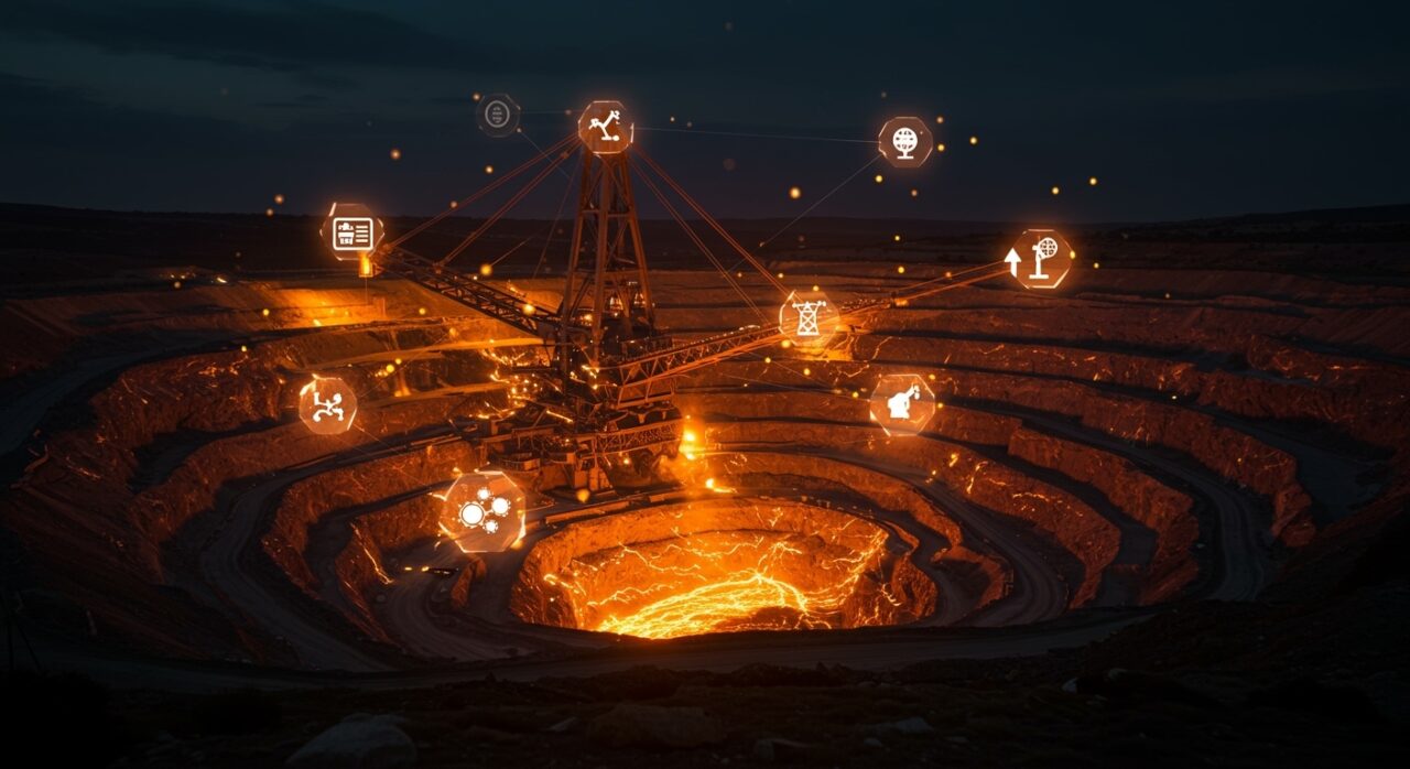 Mina Penouta de coltán en Ourense iluminada en tonos naranjas y negros, simbolizando la soberanía tecnológica y la cadena de suministro de chips en startups europeas.