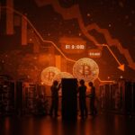 Mineros de Bitcoin enfrentando pérdidas significativas y caída de dificultad minera en 2026 reflejada con gráficos y símbolos digitales en paleta Ecosistema Startup.