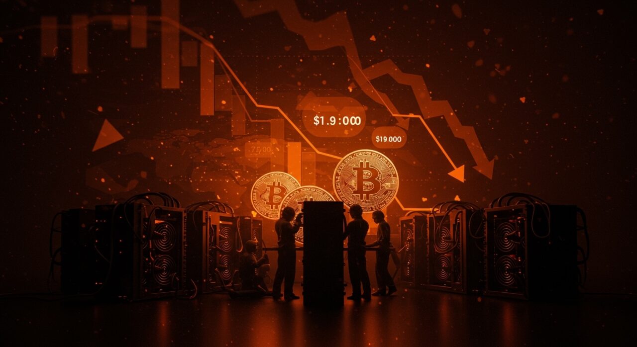 Mineros de Bitcoin enfrentando pérdidas significativas y caída de dificultad minera en 2026 reflejada con gráficos y símbolos digitales en paleta Ecosistema Startup.